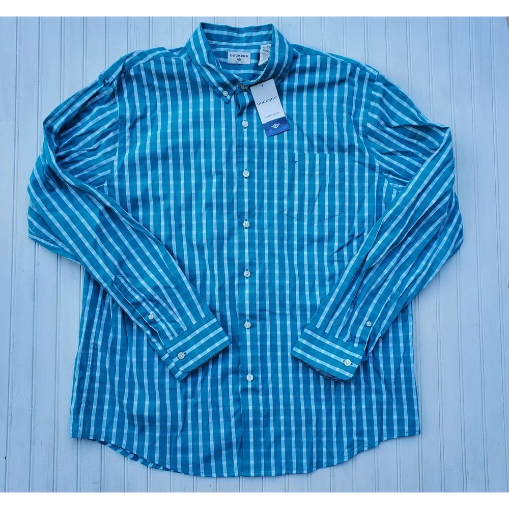Dockers Mens Blue Teal Comfort Stretch Button Down Shirt‎ XL Long Sleeve New